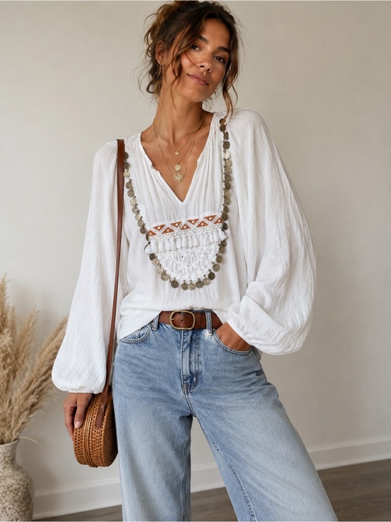 Mes Demoiselles Paris Tops - Mes Demoiselles Paris Ania White  Boho Peasant Blouse Coin Embellished Size 38
